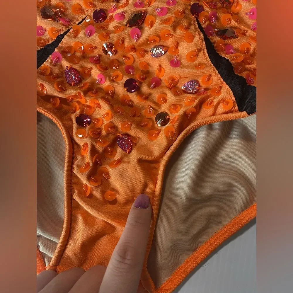 Glamour solo dance costume orange black illusion rhinestoned LC-large child